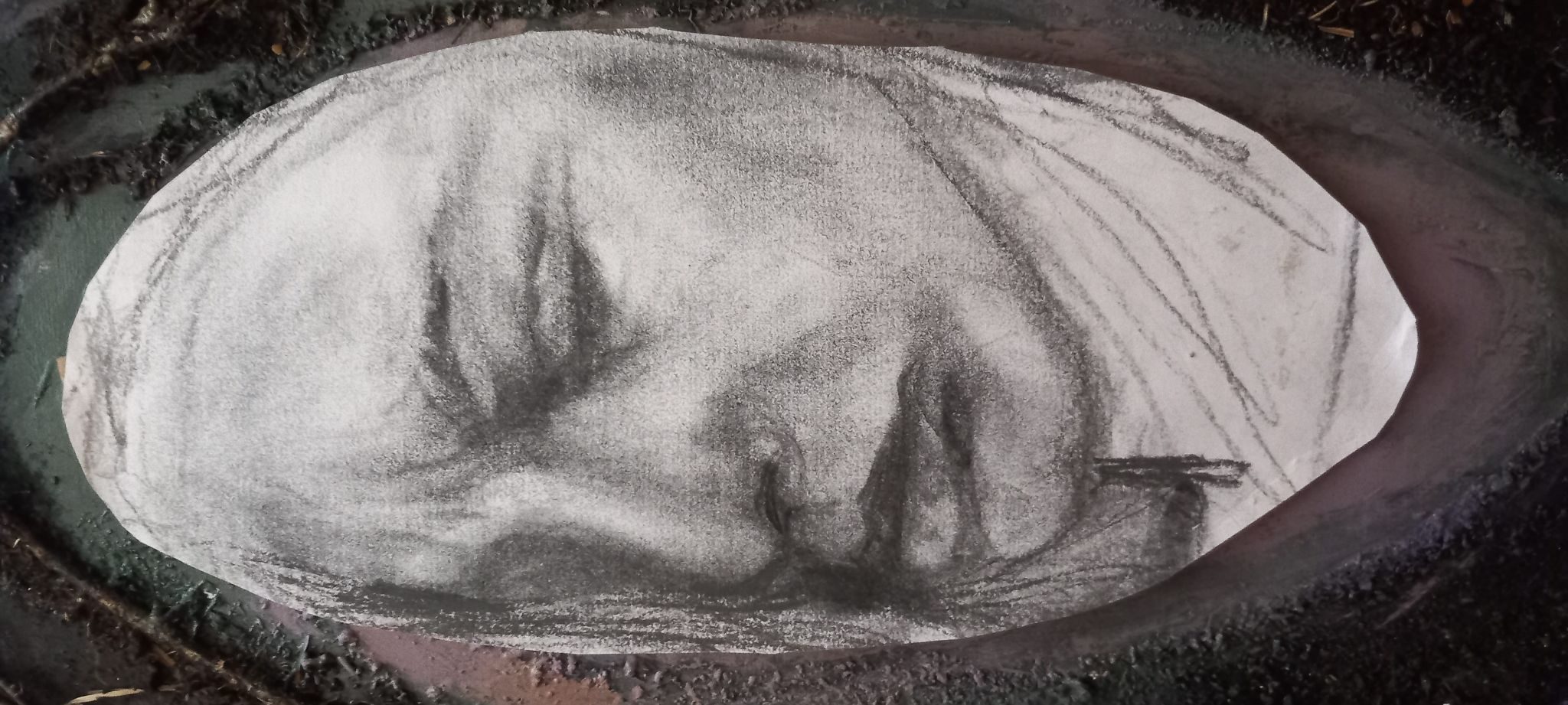 charcoal and pencil sketch to become a painting,  it's a womans face lying down, her eyes are closed