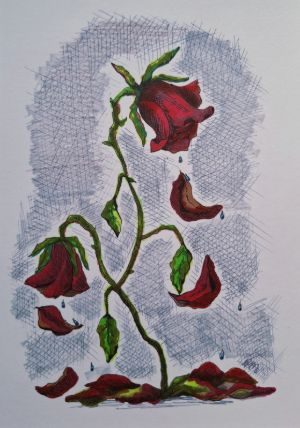 This piece reflects that quiet heaviness- the sense of still standing while parts of you fall away. The flower droops, its petals slipping, not in drama but in honesty. Each fallen piece marks a moment of letting go, of not having the strength to hold everything together. This is not about giving up. It's about acknowledging the days when simply remaining rooted is enough.