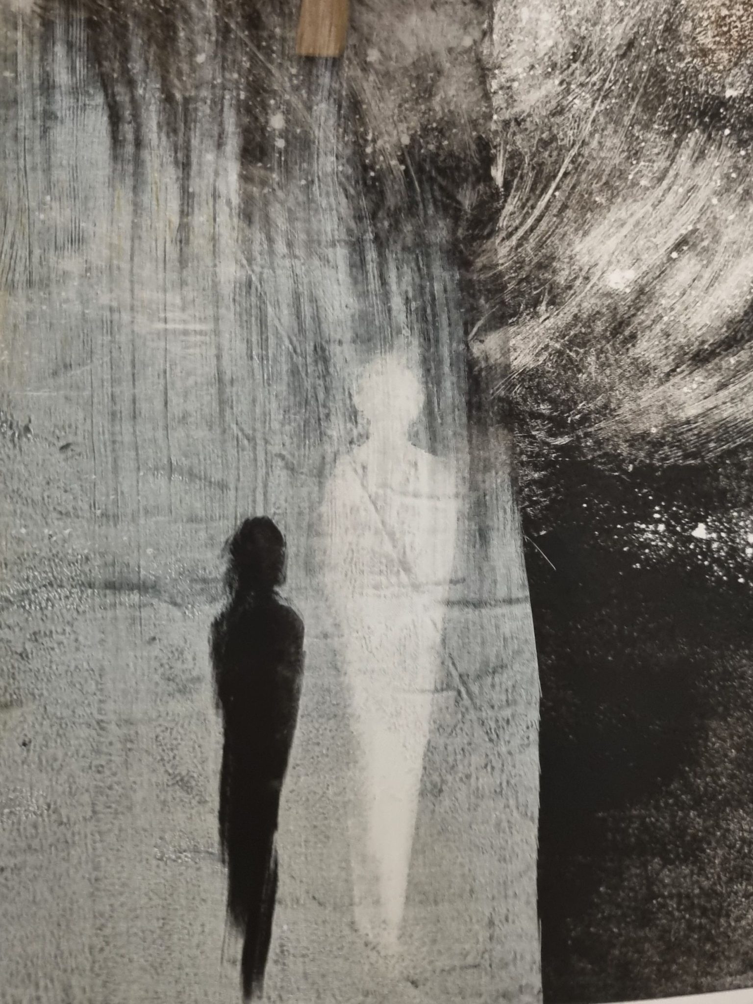 Monotype in etching inks on paper, covered partially by monotype on silk