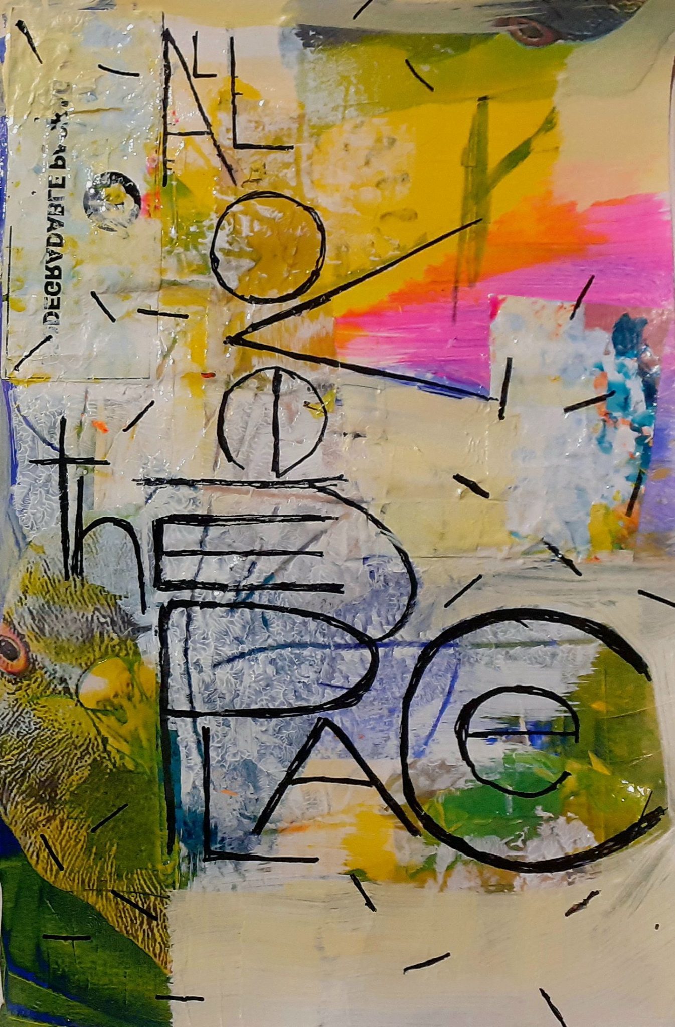 An abstract work in portrait format. Mixed media of paper scraps, paint and pen. A pigeon head is  partly visible in the bottom left corner. The words 'all over the place' are written on top in black.