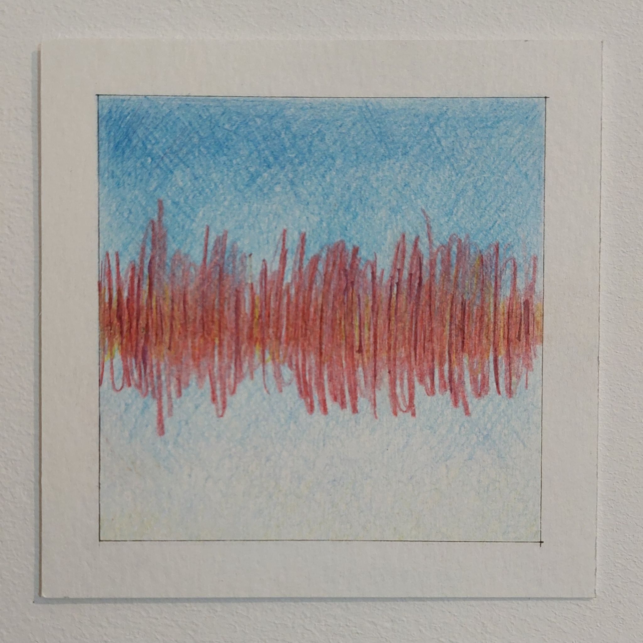 Exploring the vibration of noise through red pencil marks over a blue atmospheric ground. Utilising mark-making to process environmental stress.