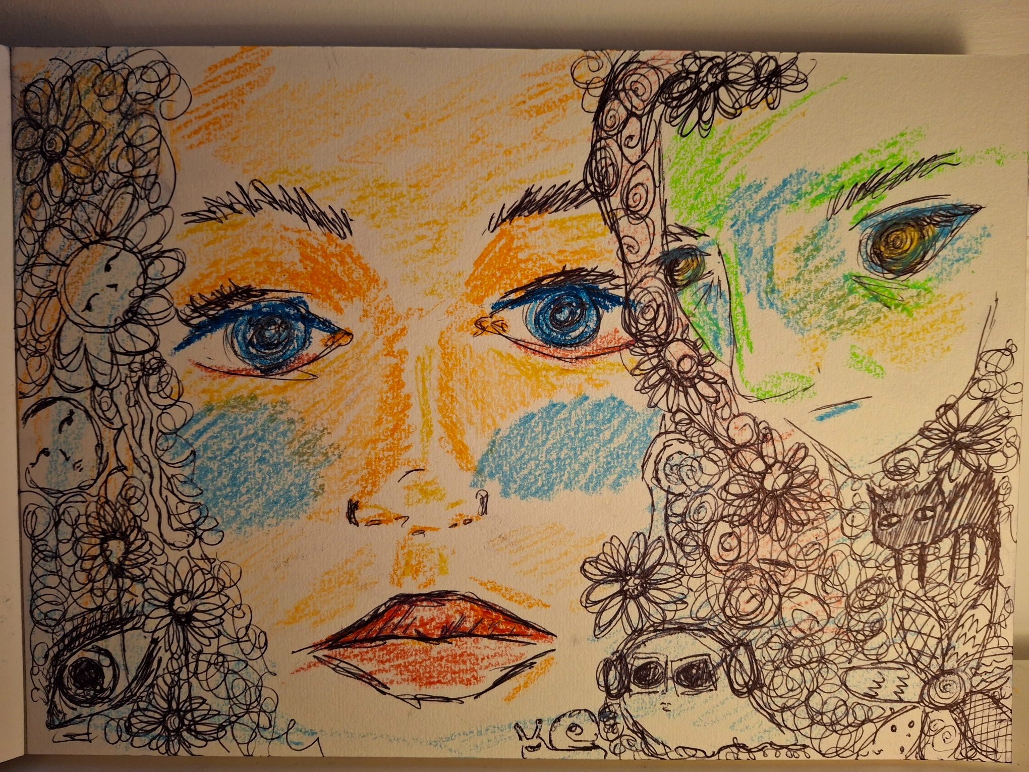 Two roughly sketched profiles embedded in biro doodles