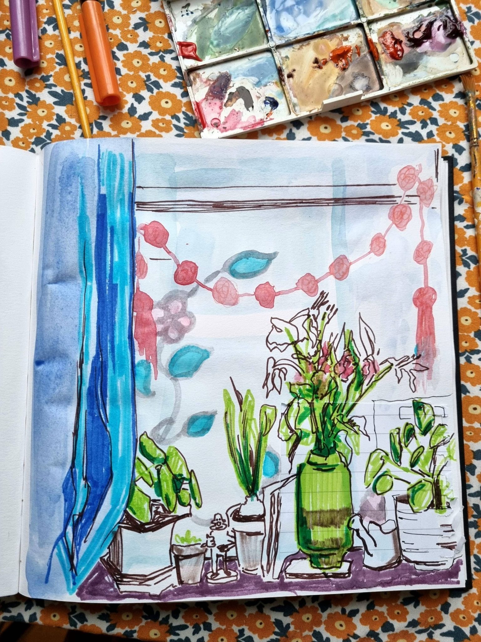 Messy drawing in mixed media showing plants on a shelf in a window