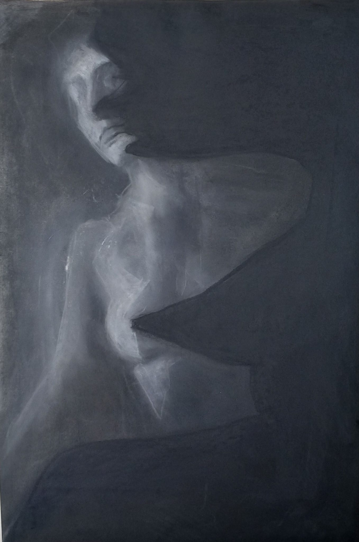 a charcoal and pastel drawing of a woman in shadow and lights.