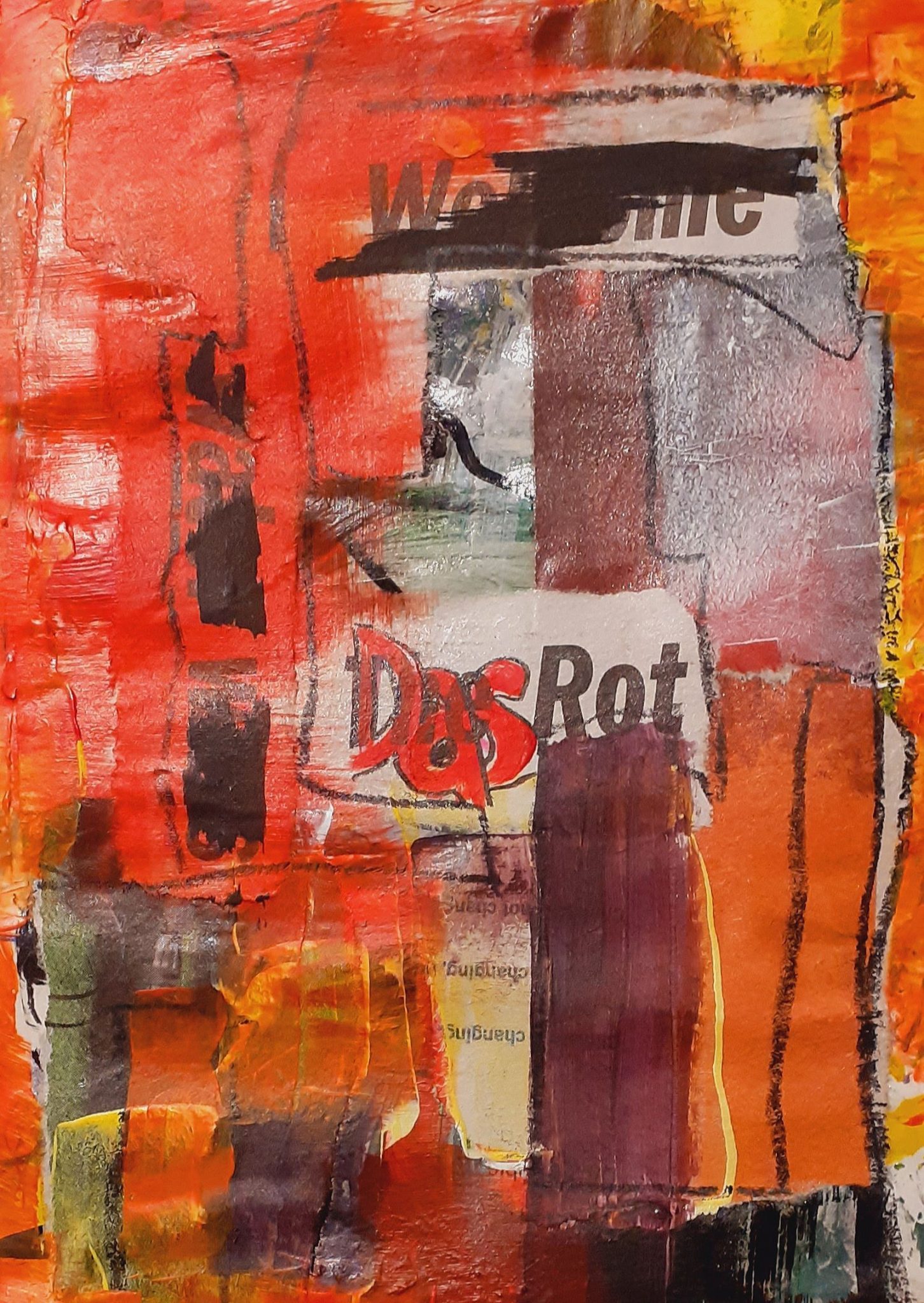 Abstract mixed media work in predominant red tones. Red is Rot in German. Text in the collage is changed from 'The Rot' to 'Das Rot'.