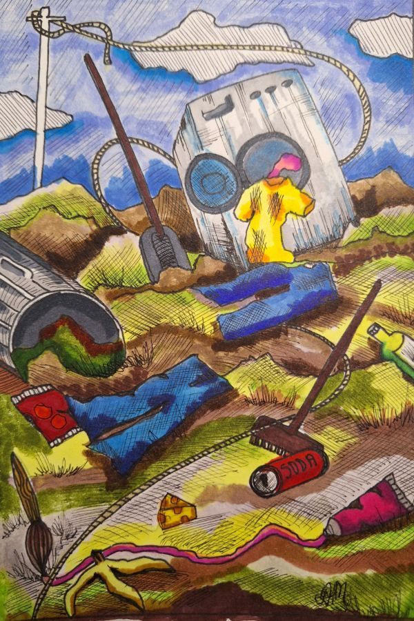 This piece uses the washing machine metaphor that is used in all of the artists work- a Metaphor of the mind. Constantly churning, turning, mixing and spilling  its contents.  Thoughts, memories and emotions are scattered across the landscape, half buried and unsorted. Useful things sit beside discarded ones, with no clear order or hierarchy.  Created in the response to the prompt 