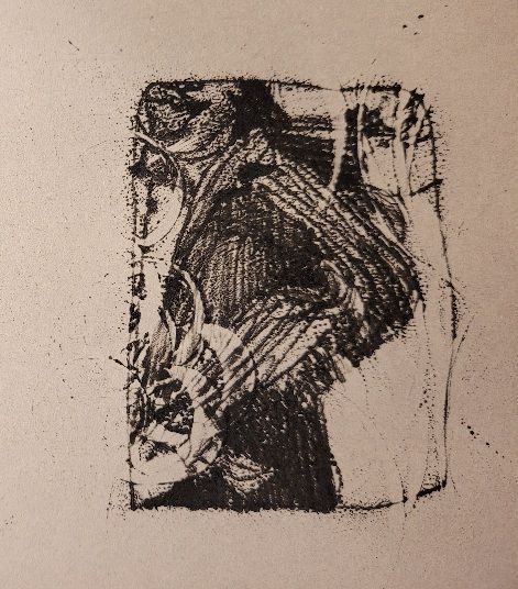 A black ink monoprint drawing. You can make out the arm of a pinstripe suit and the partial corner of a man's face with the tongue sticking out