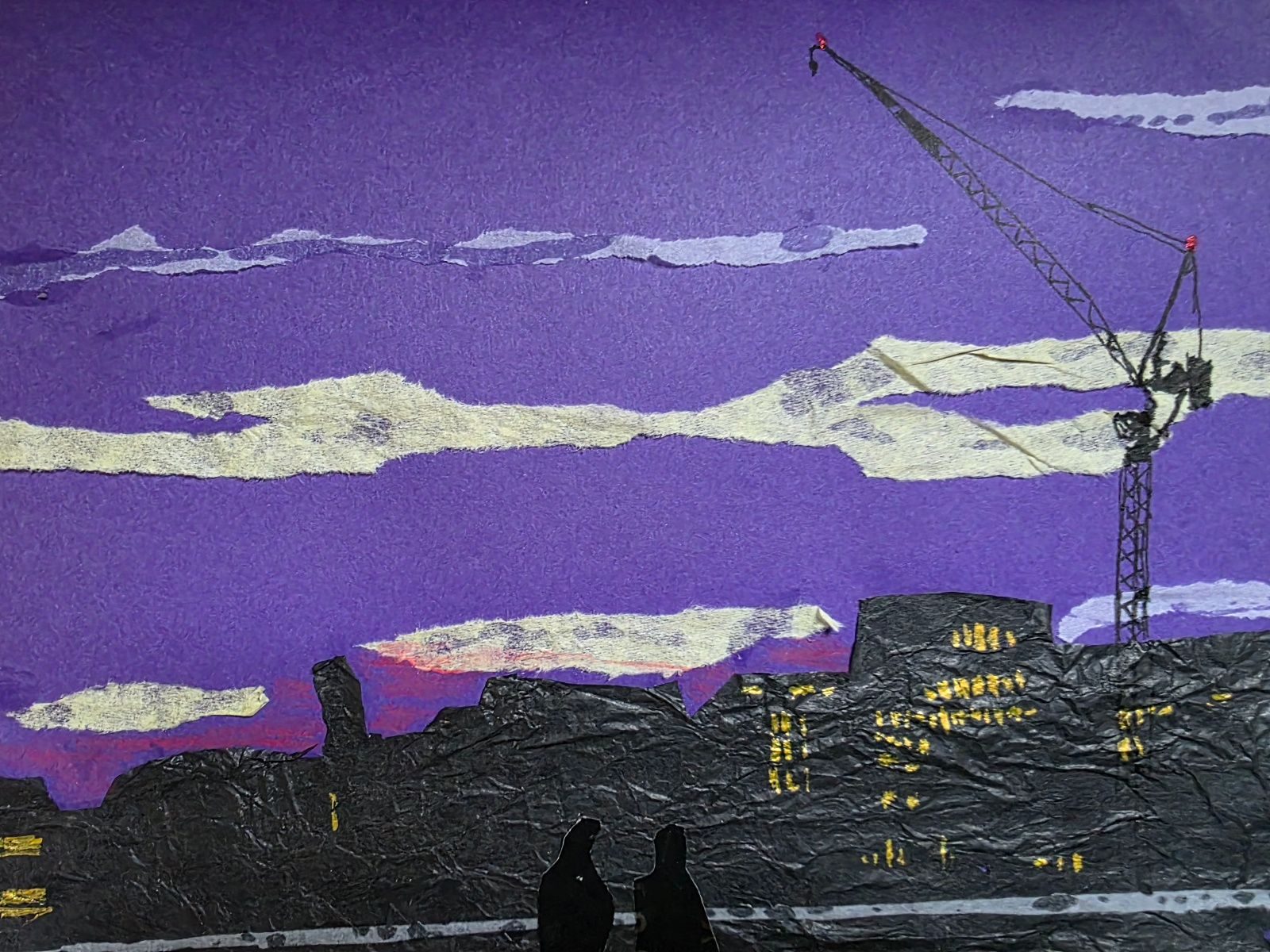 City scene with a large crane. It is twilight with some yellow, and red in the sky. Two figures are in the foreground