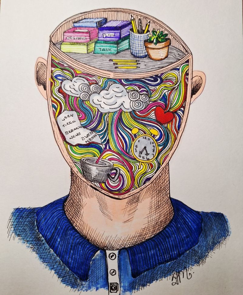 This piece represents a mind that appears ordered and controlled on the surface. Everything labelled, planned and neatly arranged. Beneath that calm exterior, thoughts and emotions move in all directions, overlapping and colliding. Time, tiredness, worry and feeling sit together with no clear boundary. Created in response to the prompt 