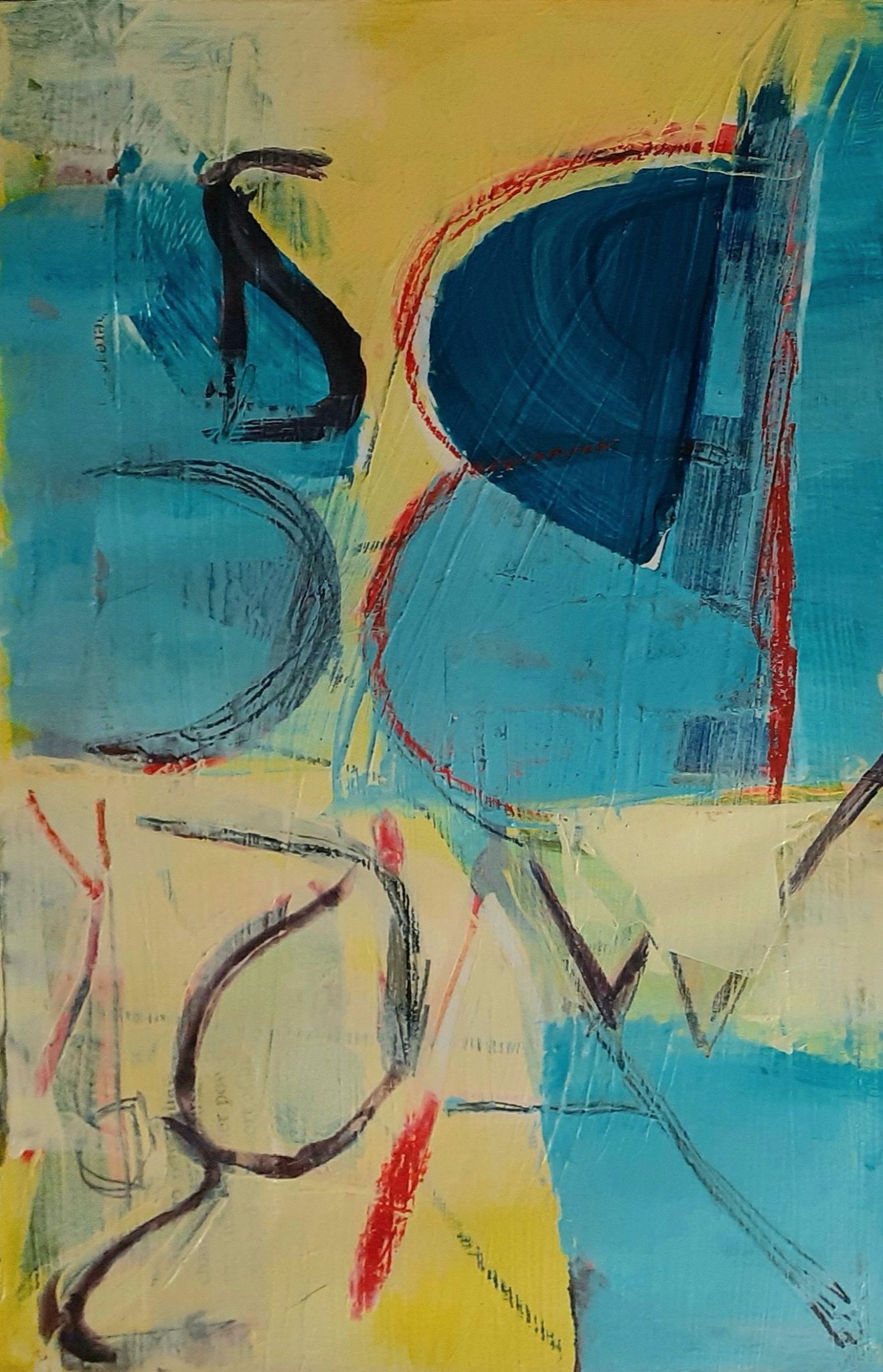 Abstract composition in light blue, pale yellow and red containing the letters of the word 'backwards' mirrored.