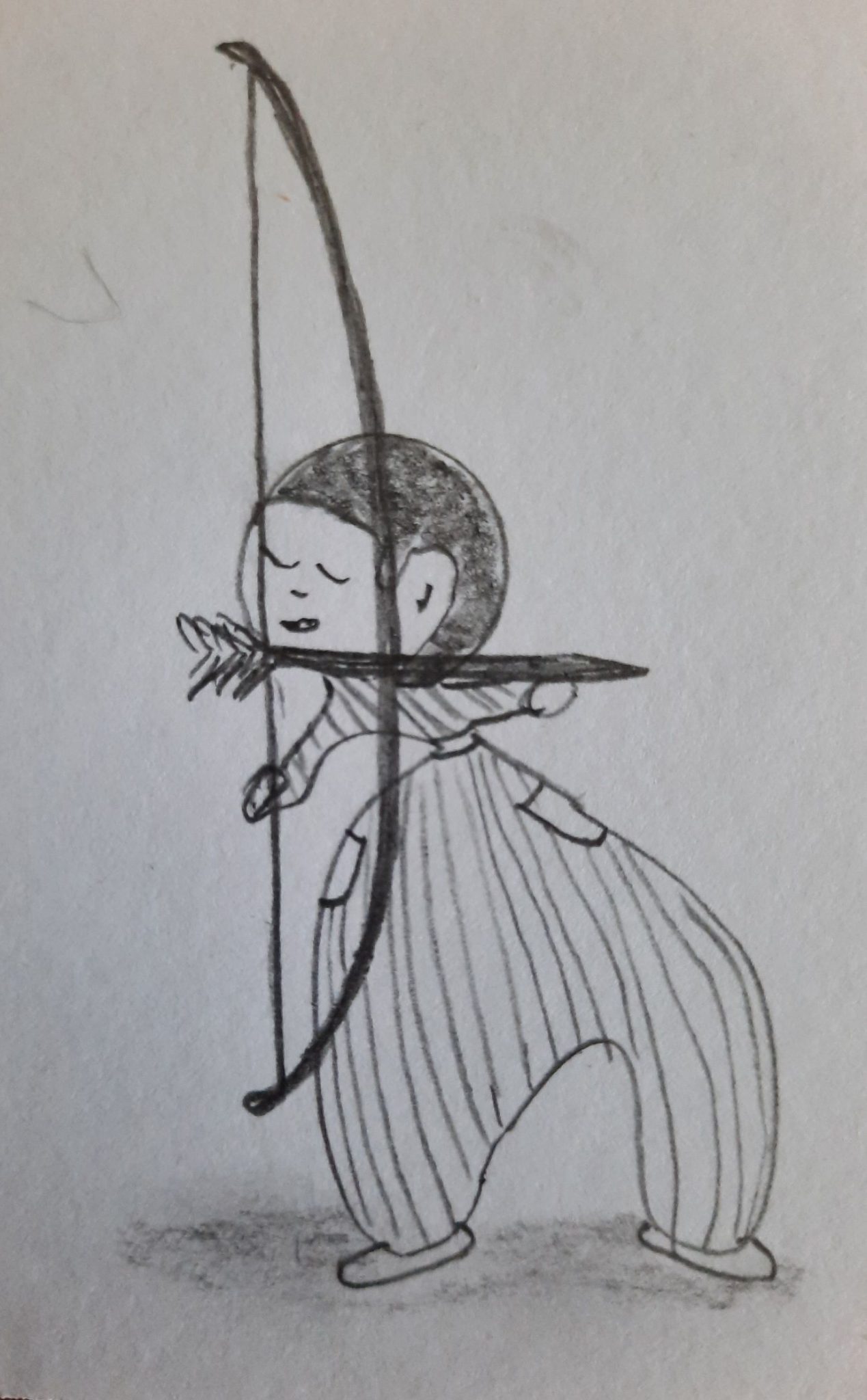 Pencil drawing of a cartoon looking character with large, stripe, ballooning pants, eyes shut and looking to be ready to shoot an arrow from their bow backwards.