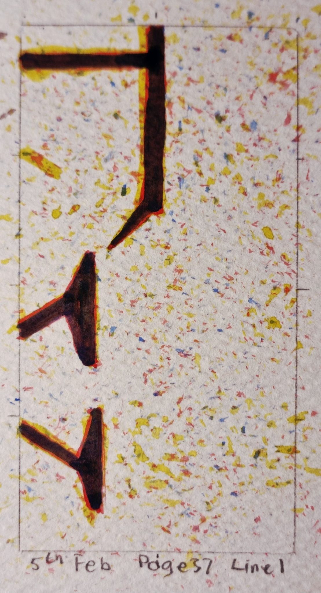 Watercolour on paper, 2 by 1 proportion, portrait. A painting of the tops of the letters 