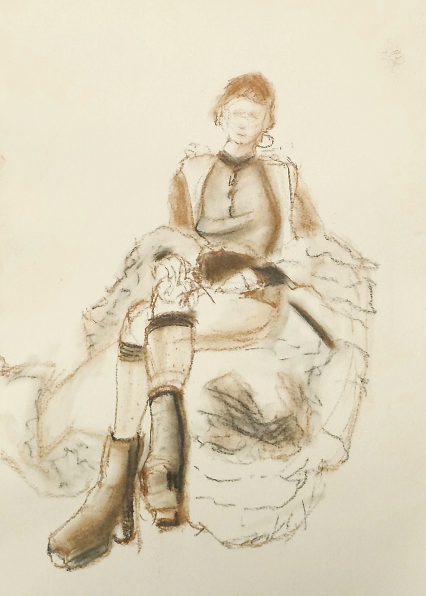 Lady in dress on a seat drawn in pastel