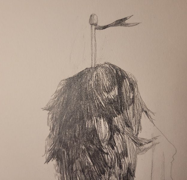 A pencil drawing of a tiny flag pole emerging from a mound of fur.