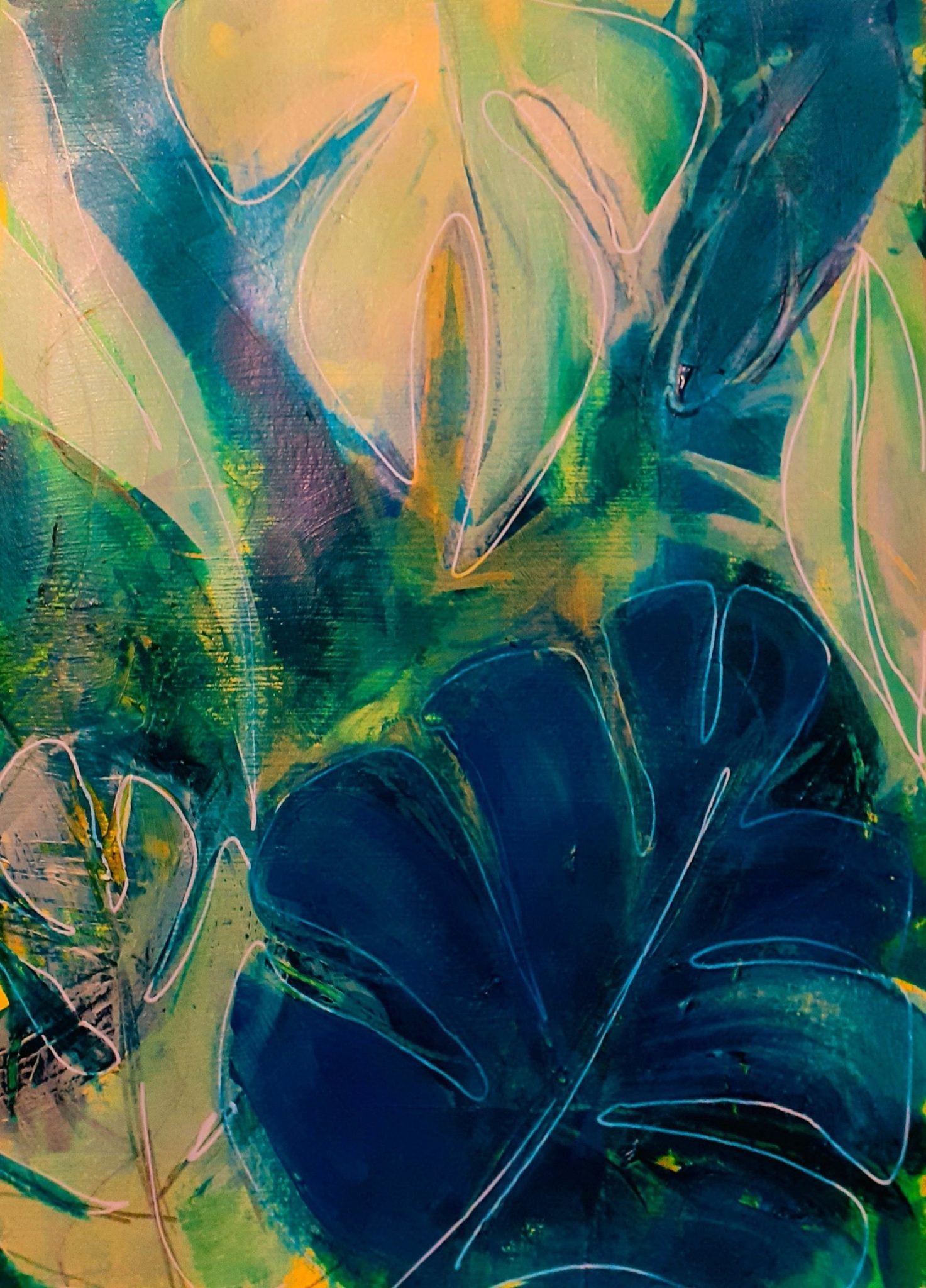 Acrylic painting of overlapping monstera leaves in different shades of green.