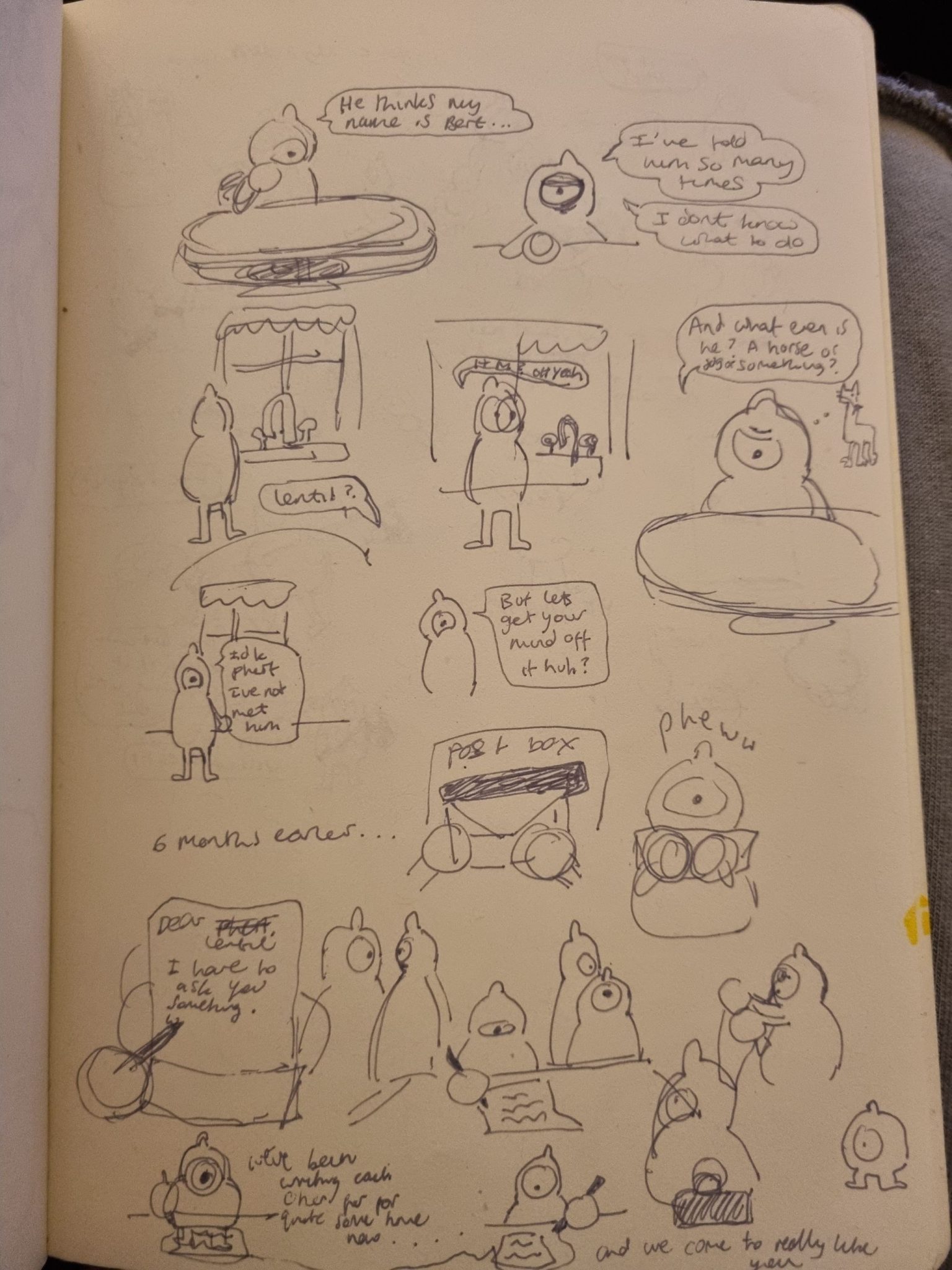 Page of sketches showing my acorn characters discussing their job and writing a letter
