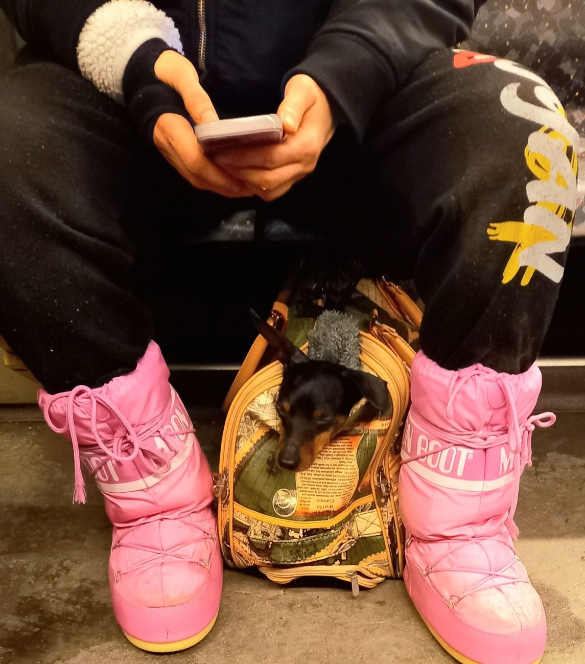 photo of a person with pink moon boots and with a phone sitting on the underground, in-between their feet is a bag from which a dog pokes out.