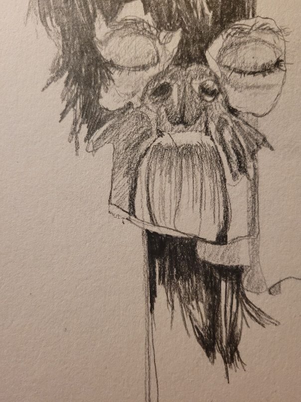 A drawing of collages eyes of an old man and the nose of a pug dog with a hairy clump, flag planted in the ground.