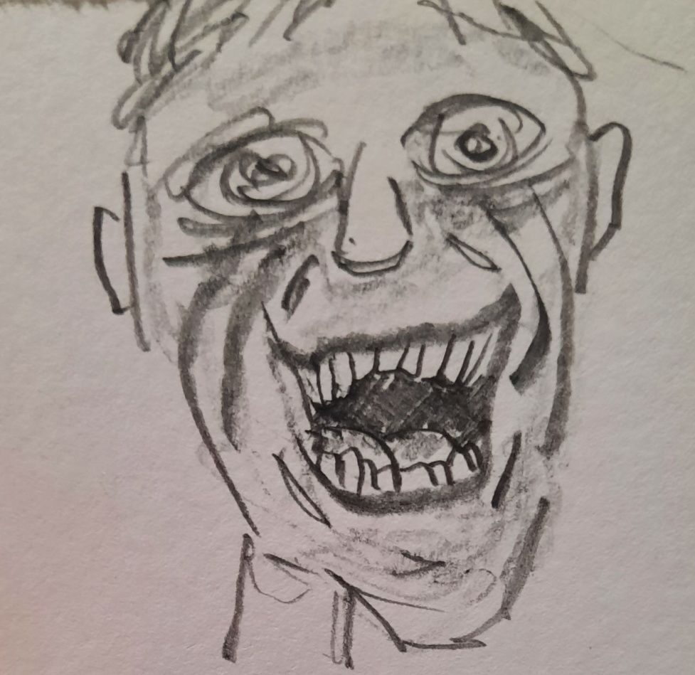 Pencil drawing of a young man's face. He is smiling, mouth open wide and looks to be ecstatic.