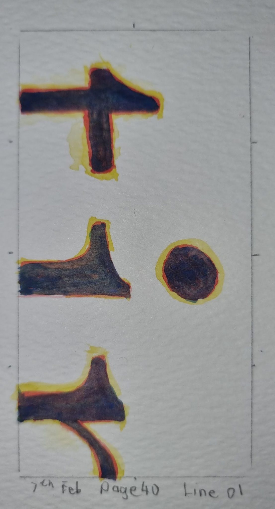 Watercolour on paper, 2 by 1 proportion, portrait. A painting of parts of the letters 