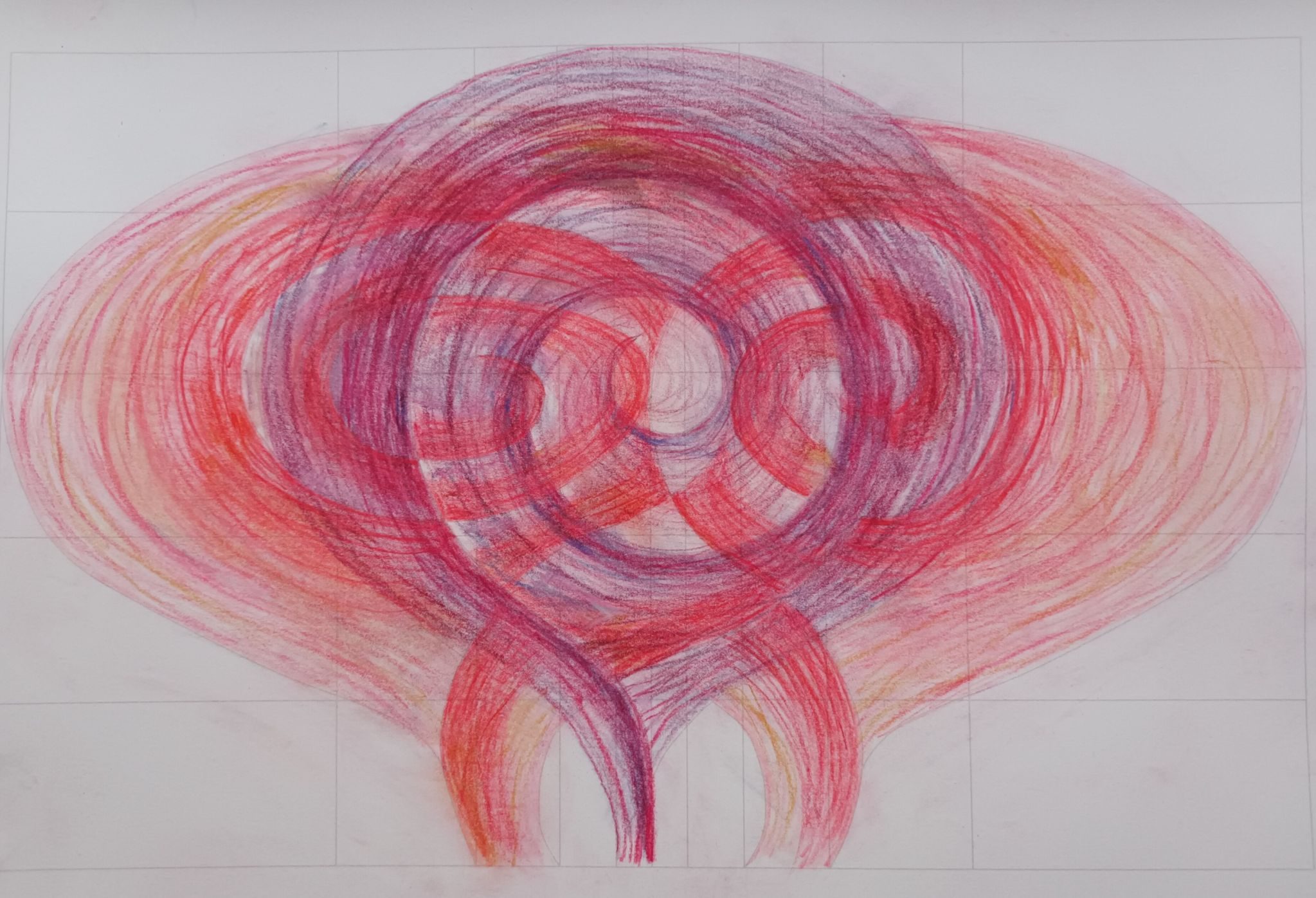 Pencil drawing - 3 intersecting spirals in shades of red and orange.