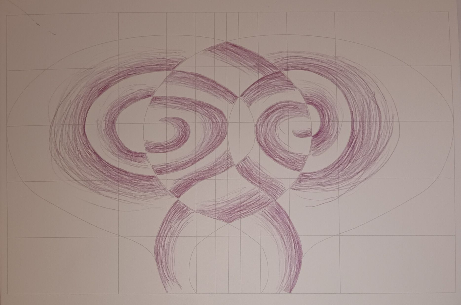 Abstract drawing in red pencil exploring 2 intersecting spirals.