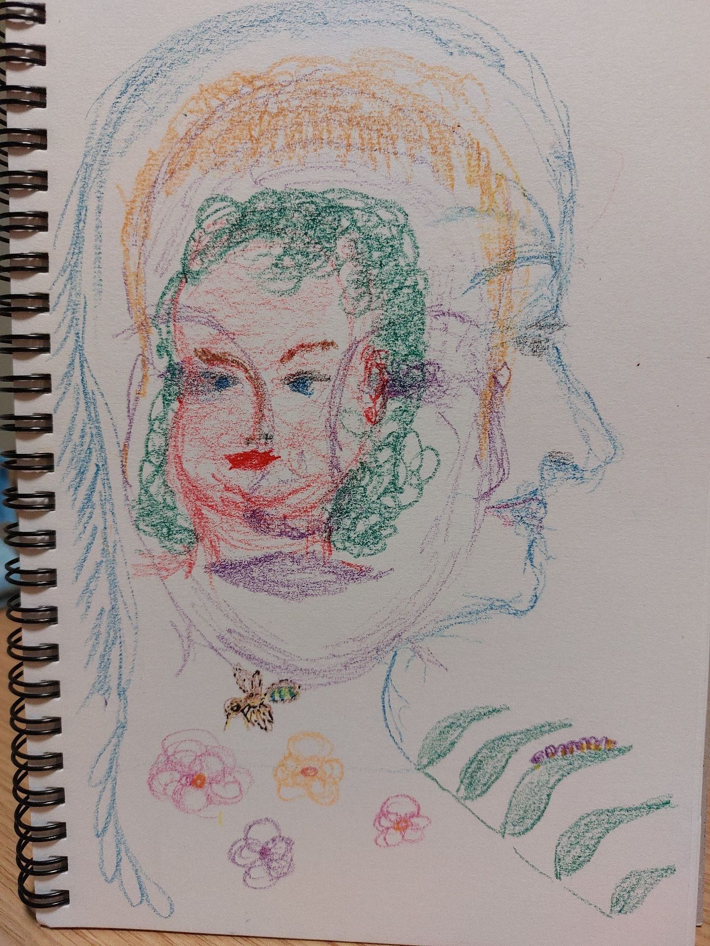 Layered faces and small things in coloured pencils