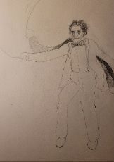 A pencil drawing of a man with a whip and a whoop