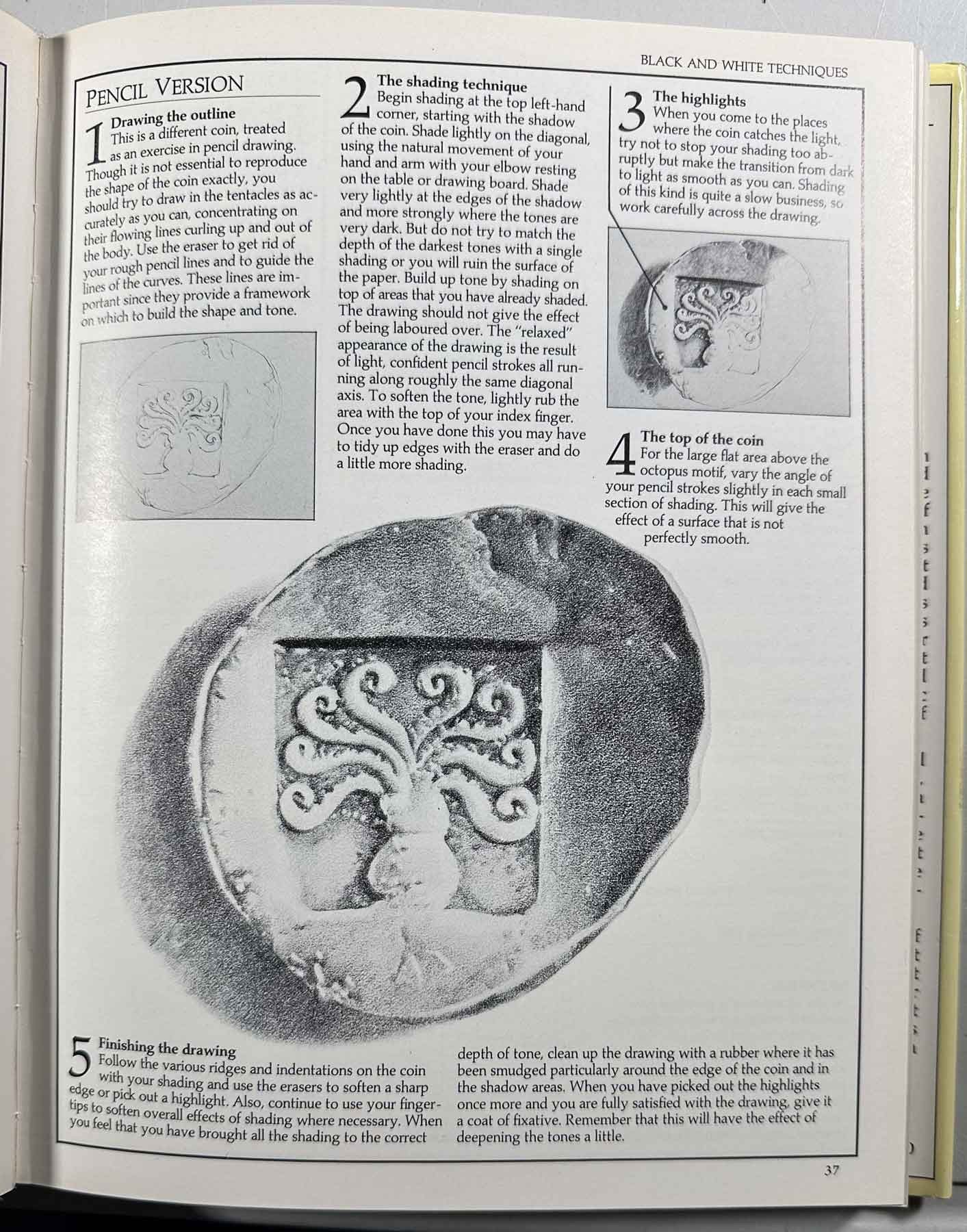 Page 37 of an art book illustrating how to draw an ancient coin.