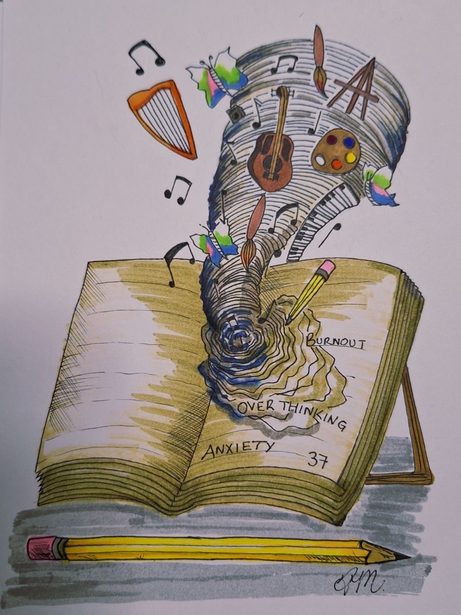 This piece explores what happens when the mind is pushed beyond its limits. An open book becomes both a page and a mental health space, where Anxiety, overthinking and burnout swirl into a storm. Instead of staying trapped, the pressure pours outward and transforms into music, colour and creative tools.  The work suggest that creativity does not always arrive gently ; sometimes it spills out of chaos, becoming a form of release, survival and expression.  Page 37