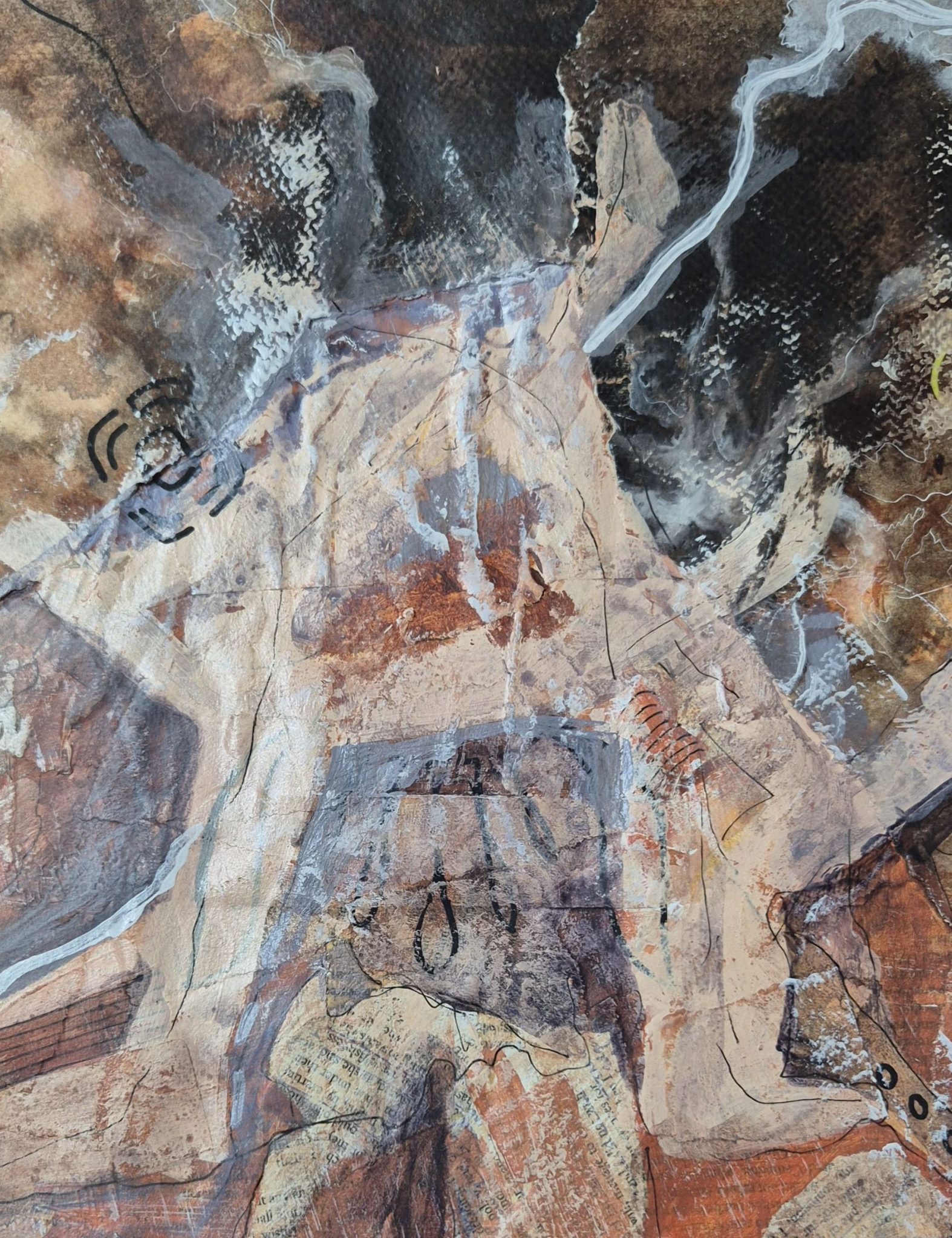 **Title:** *Held in Fragments*  **One-line description:** A fractured form gathers itself beneath the weight of memory, held together by quiet tension.