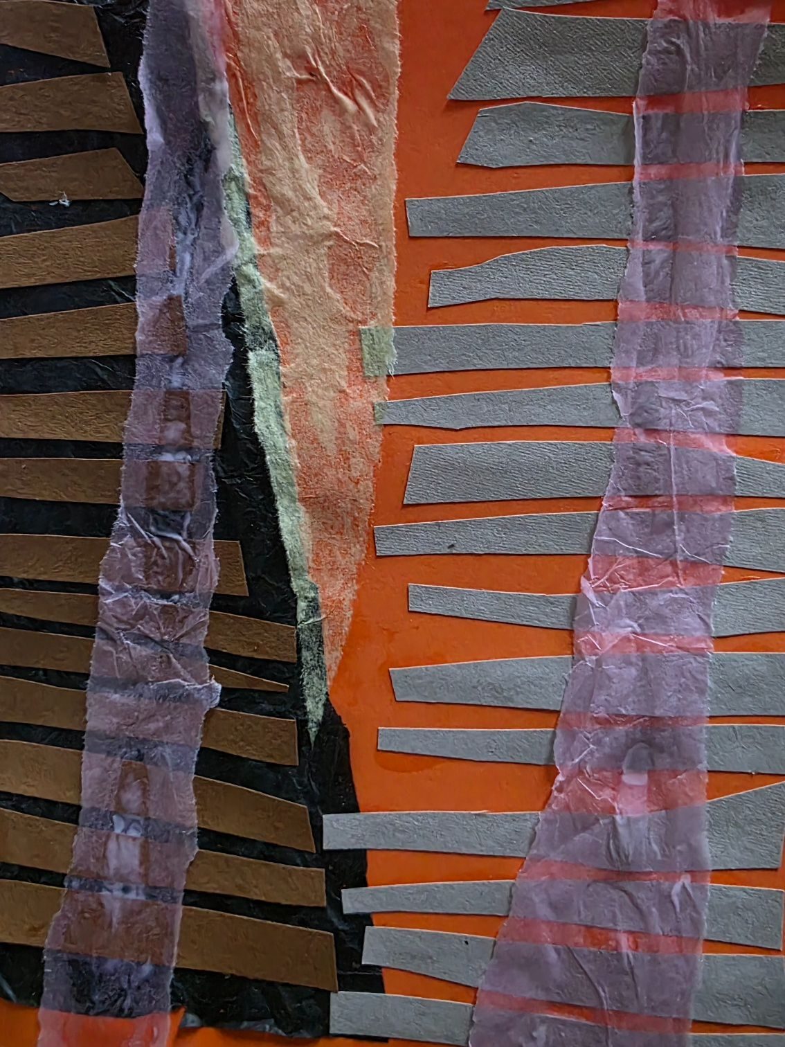 Orange background with brown lines on the left  on a black background with grey lines on the right. There is an imperfect pake yellow triangle at centre top and two translucent pick lines either side