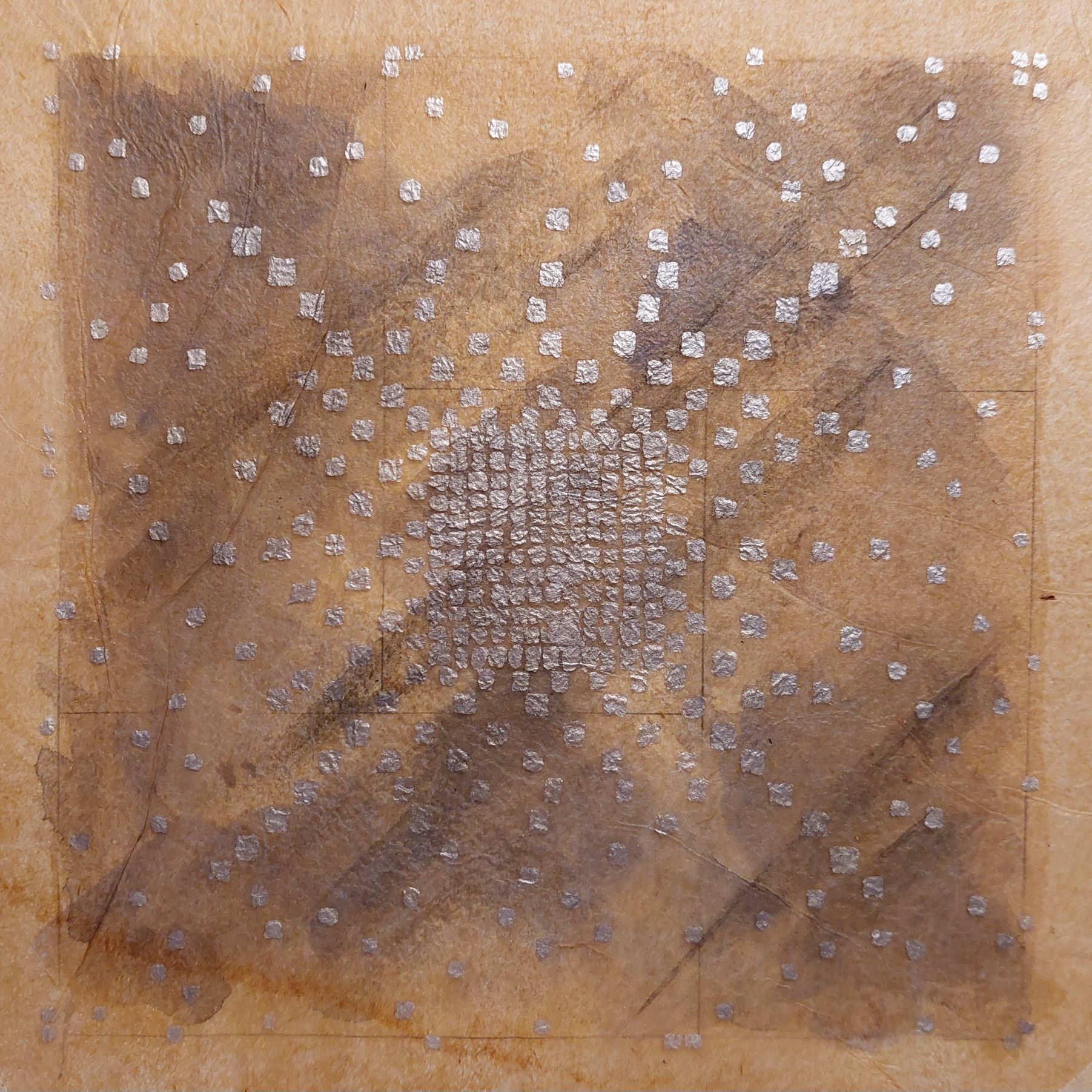 A layered study in atmospheric distress and fading order. Indigo-tinted washes and dry-brush scumbling are used to submerge a rhythmic field of silver mica, creating a 