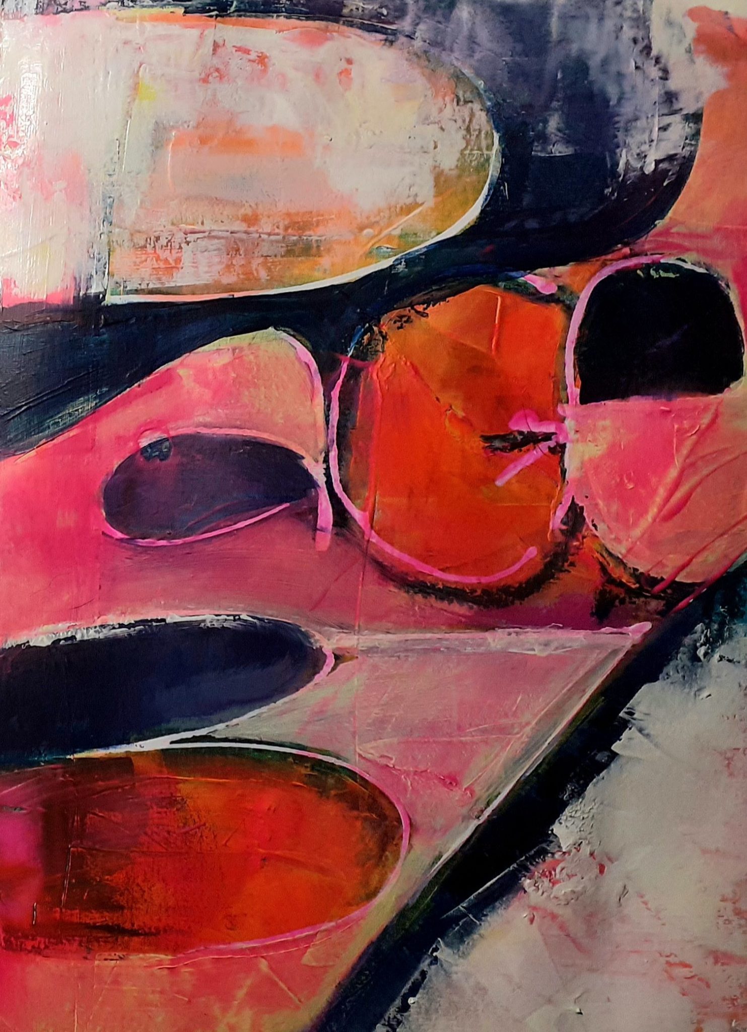 Abstract painting in orange, magenta, pale yellow and blue with the text 'page 37' covering the surface