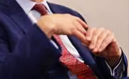 A photo detail of a man's suited torso, with his hands held awkwardly to indicate or hold possibly an important pause in his important flow of conversation. He is directing with his hands. His suit. His status.