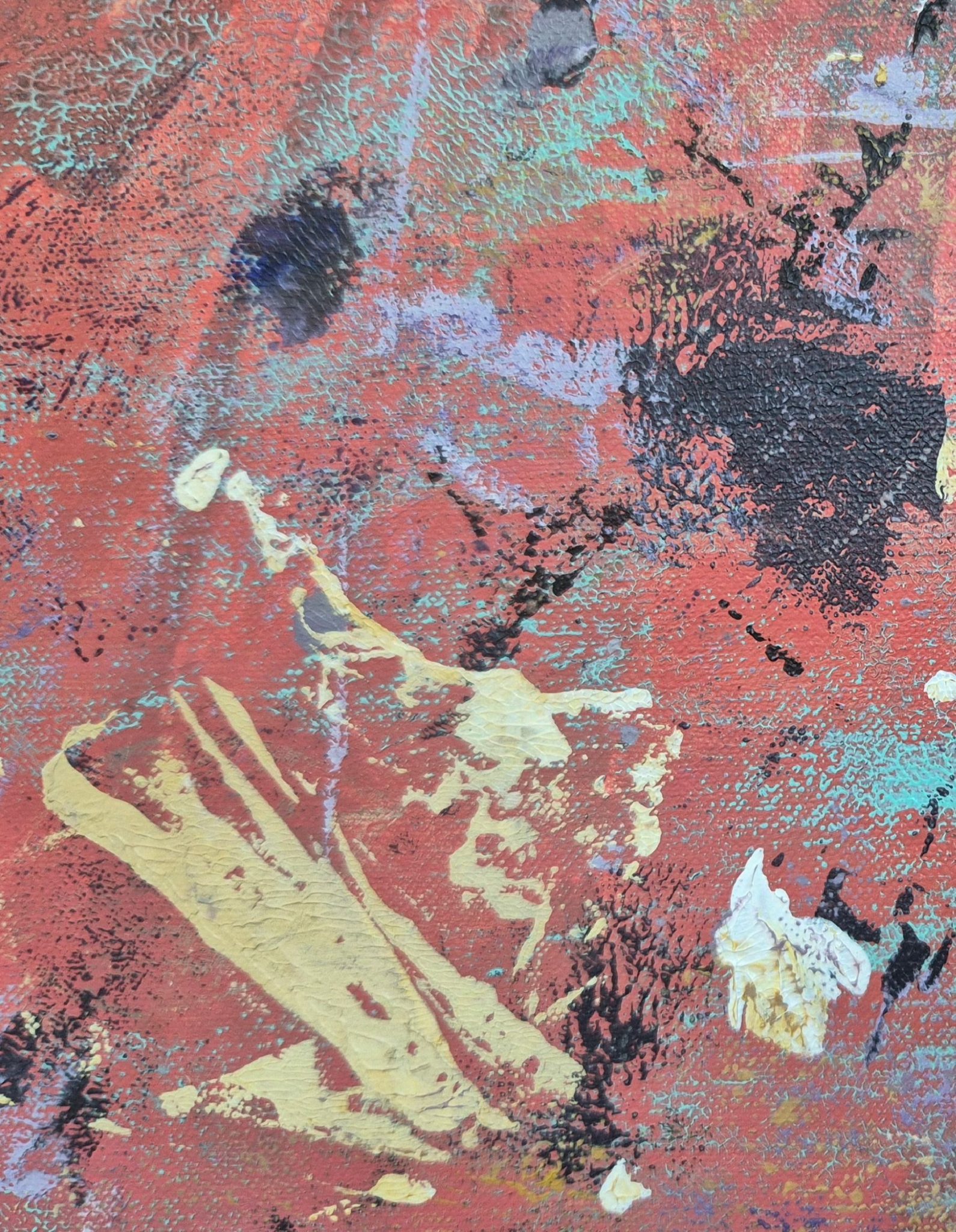 A weathered field of color where fragments of human presence surface like memories embedded in stone