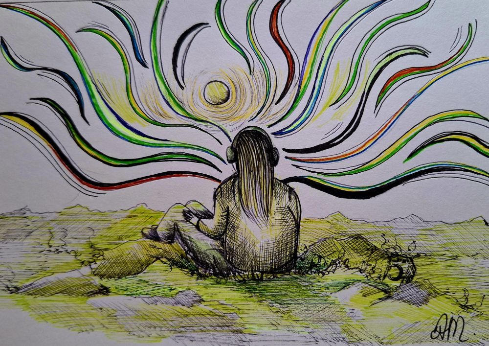 This piece explores the moment emotion becomes impossible to contain. A solitary figure sits rooted in the lanscape while waves of colour and line spill outward like sound, turning inner pressure into visible vibration. The Sound of Release reflects the shift from silence to expression, when the mind finally lets go and what has been held inside begins to speak.