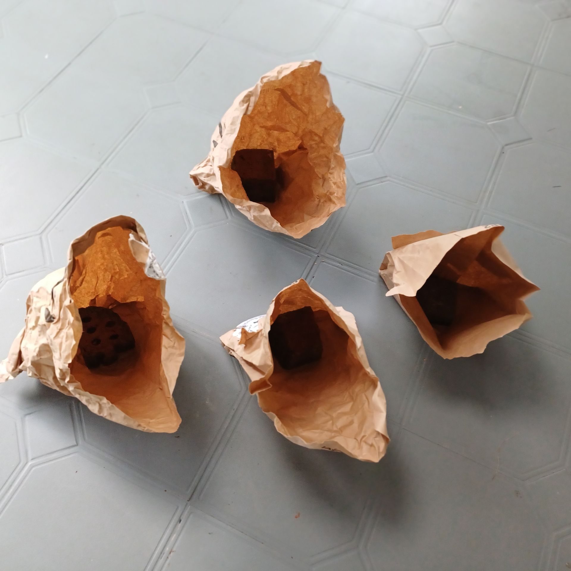 4 stiff brown paper bags are opened up and laid half on their sides.  They are then held down by placing a piece of brick inside each one.  They appear like open mouths suggesting giant hungry chicks or perhaps singers singing their hearts out.