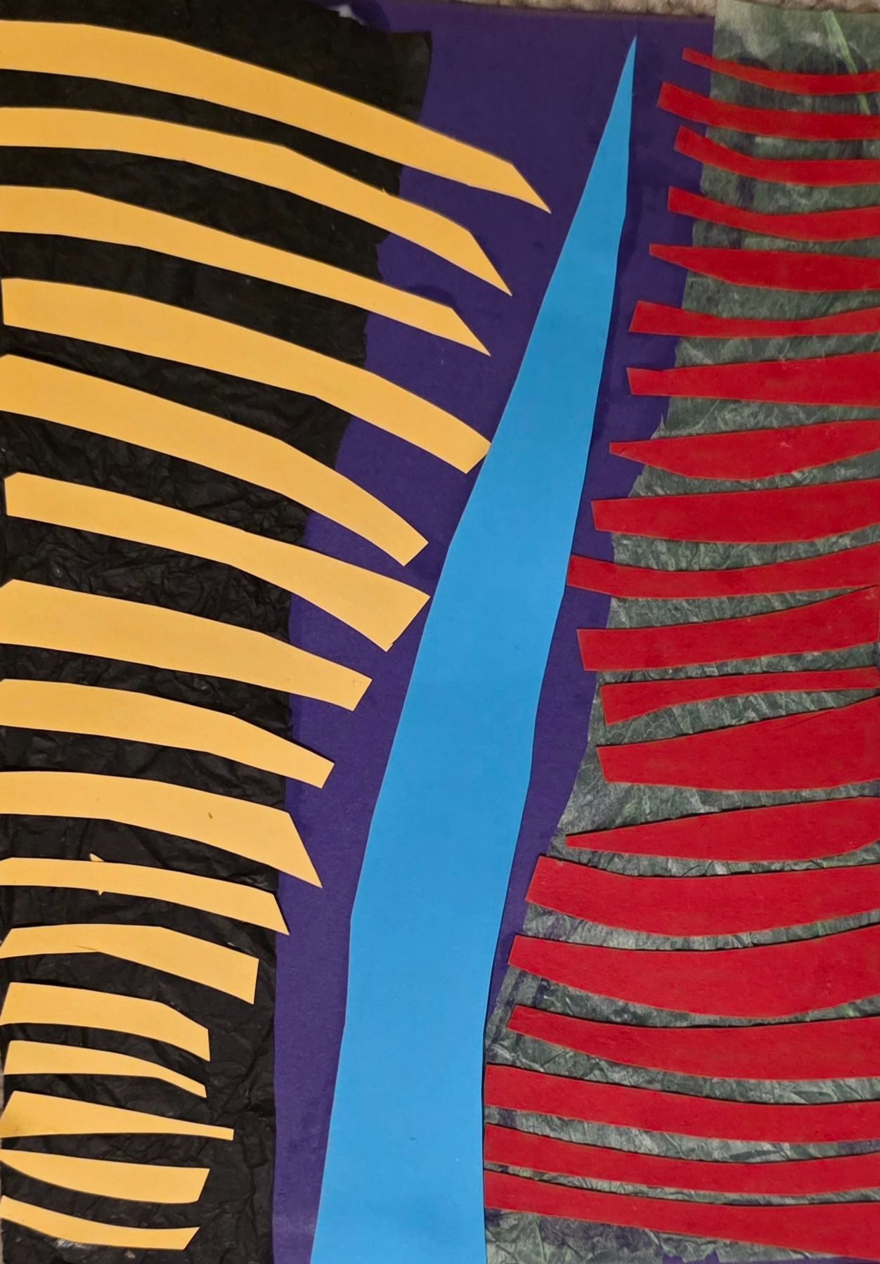 Collage on dark purple. Triangle of blak on left with yellow stripes. Bright blue triangle in the middle, pale green triangle on the right with red stripes