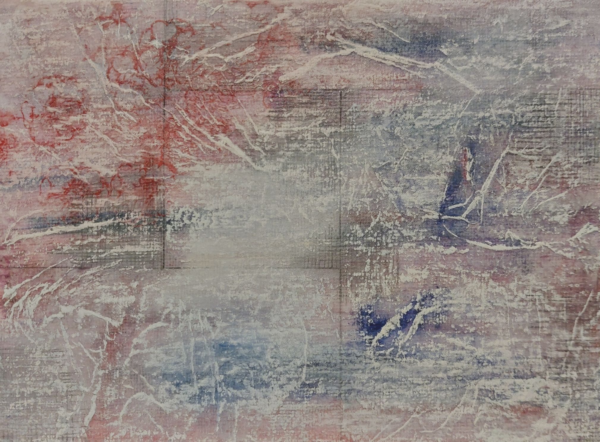 A radical white veil adjusts the focal threshold by muting the underlying noise. The ghost of the past is frayed and weathered through the application of layers of materials.