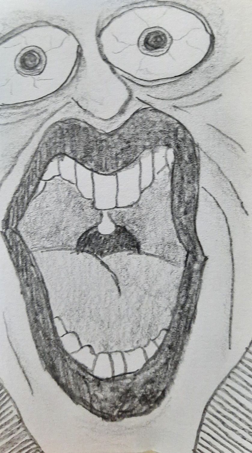 Pencil drawing of a close up of a person's face, their mouth wide open, teeth, tongue and back of throat can be easily seen, also with the blood vessels in their eye balls.