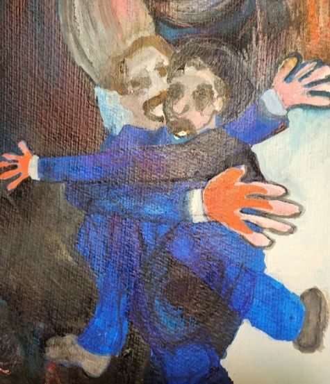 A small ink acrylic painting of two dancers mid routine set in a TV studio pretending to be the underworld. The colours are intense and saturated. There is no relief or escape.