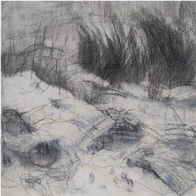 Charcoal and watercolor drawing of a winter nature scene