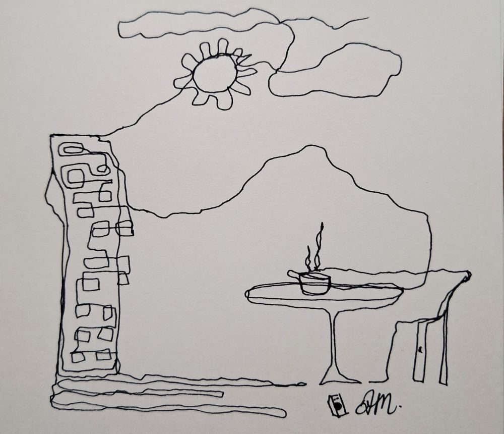 Drawn blindfolded, this piece captures a familiar space through instinct rather than sight. The continuous line turns an ordinary interior into a landscape of memory- where the sun, the window and the quiet presence of a warm drink becomes symbols of routine and comfort. Without visual control, the marks remain honest and unpolished, revealing how place can be still understood through feeling, habit and imagination.