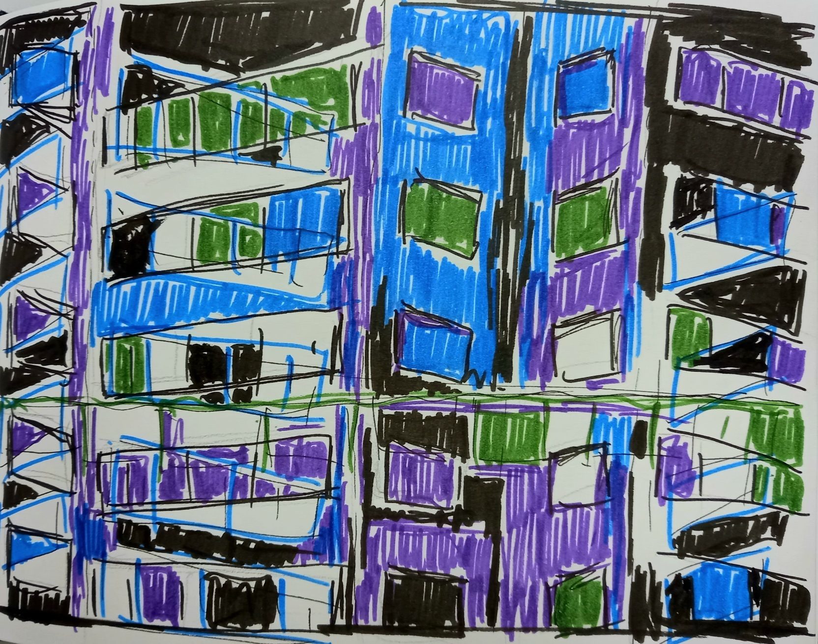 drawing with colour pen  purple  blue, green, black