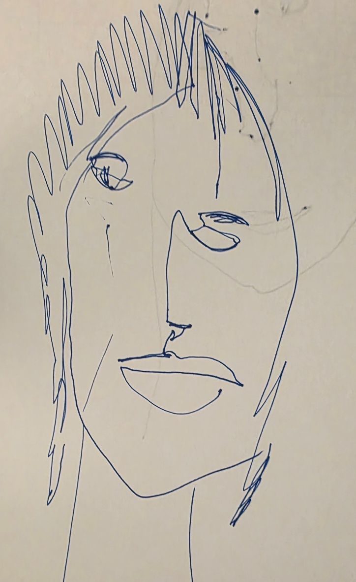 Drawing in blue ink of a face