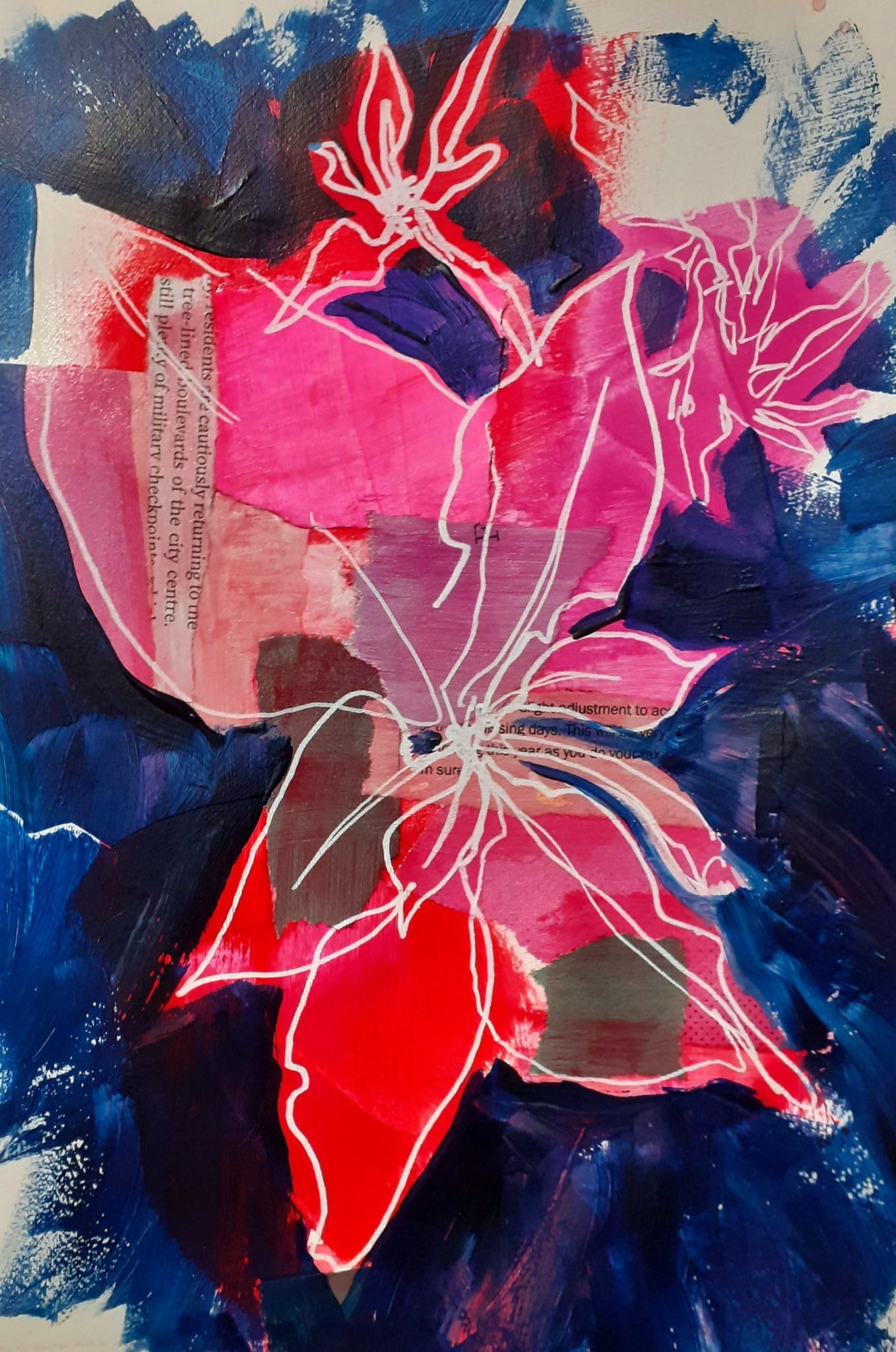 Blind drawing of a poinsettia on magenta collage background. Area around the plant filled in in dark blue