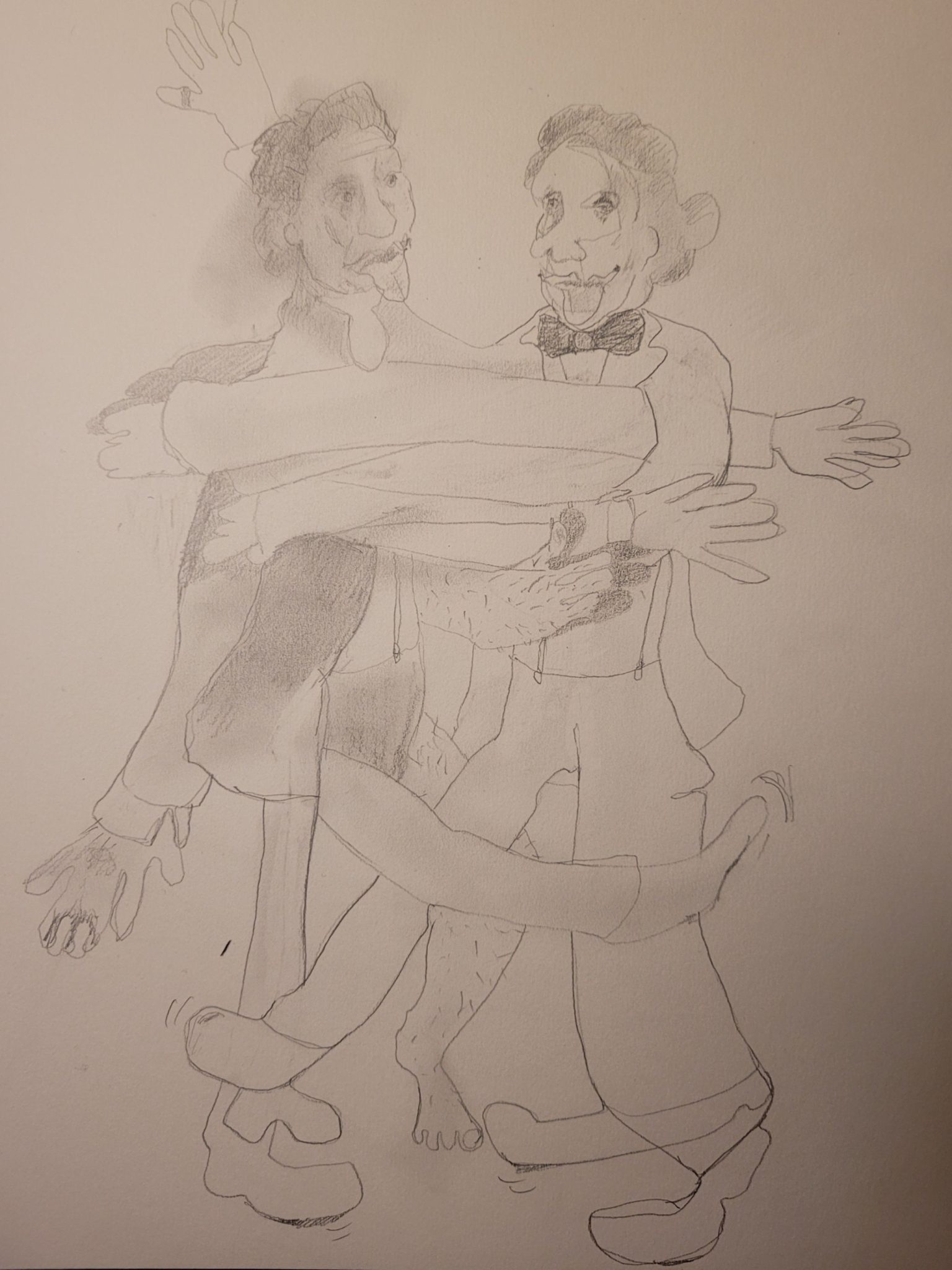 A drawing started blindfold of two dancers  with may arrms ad limbs attempting to steer each other across the floor.