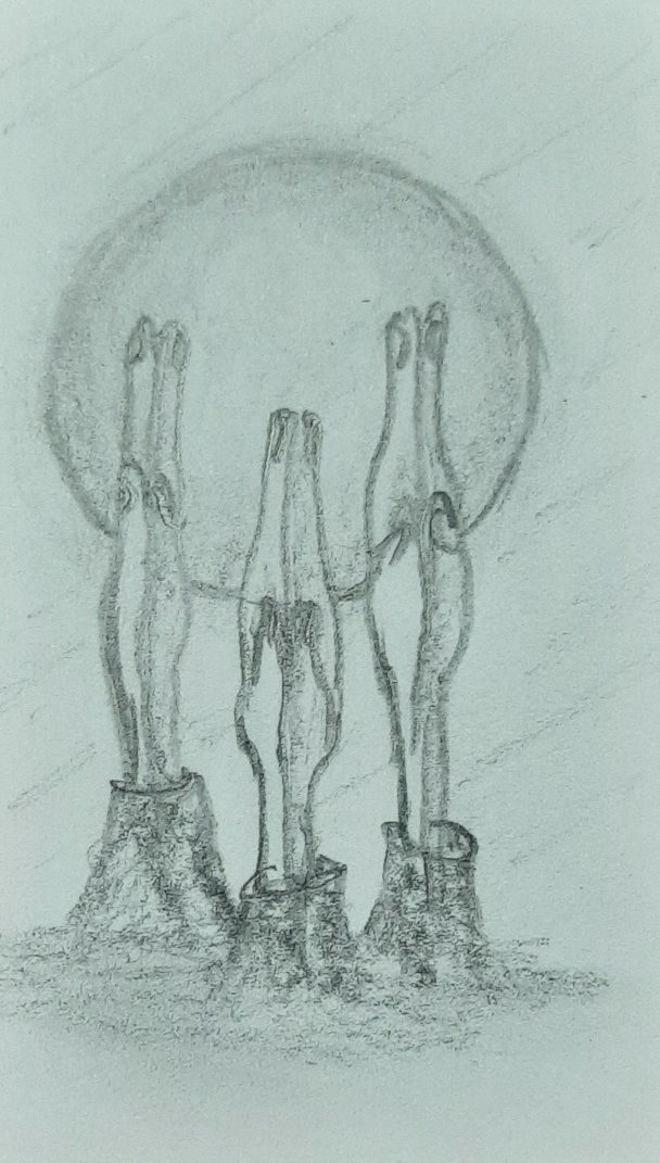 Pencil drawing of three pairs of hands, each pair holds firmly together as if praying.  A large circular shape in behind the, representing either the moon or sun.