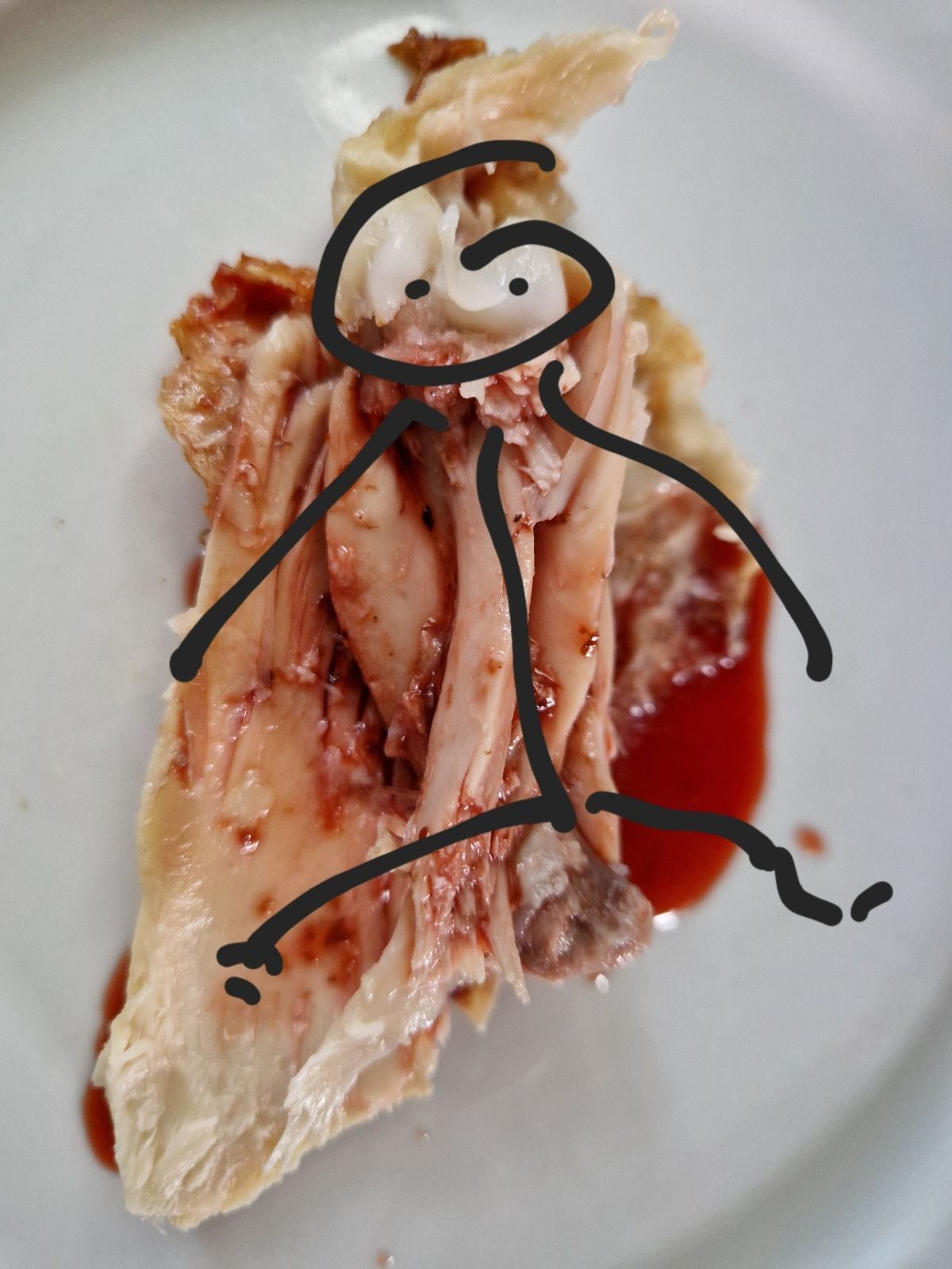 chicken with beetroot juice overlaid with line cartoon of a stick person